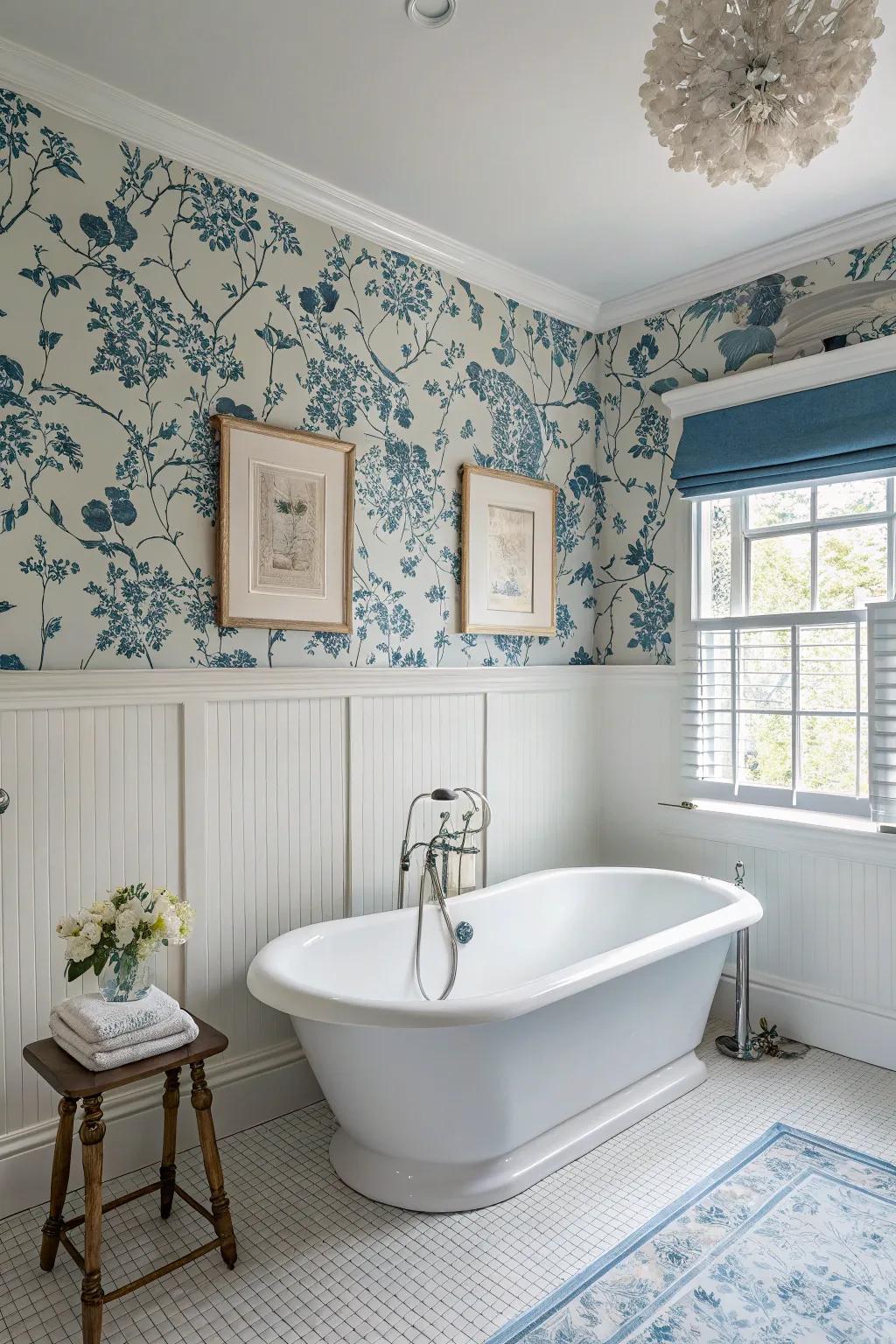 A tranquil lavatory concept featuring azure floral wallcoverings and alabaster coating, fostering a serene ambiance.