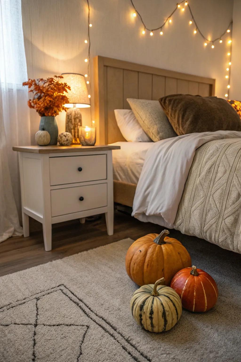 Pumpkins provide a celebratory accent to any space within your bedroom.