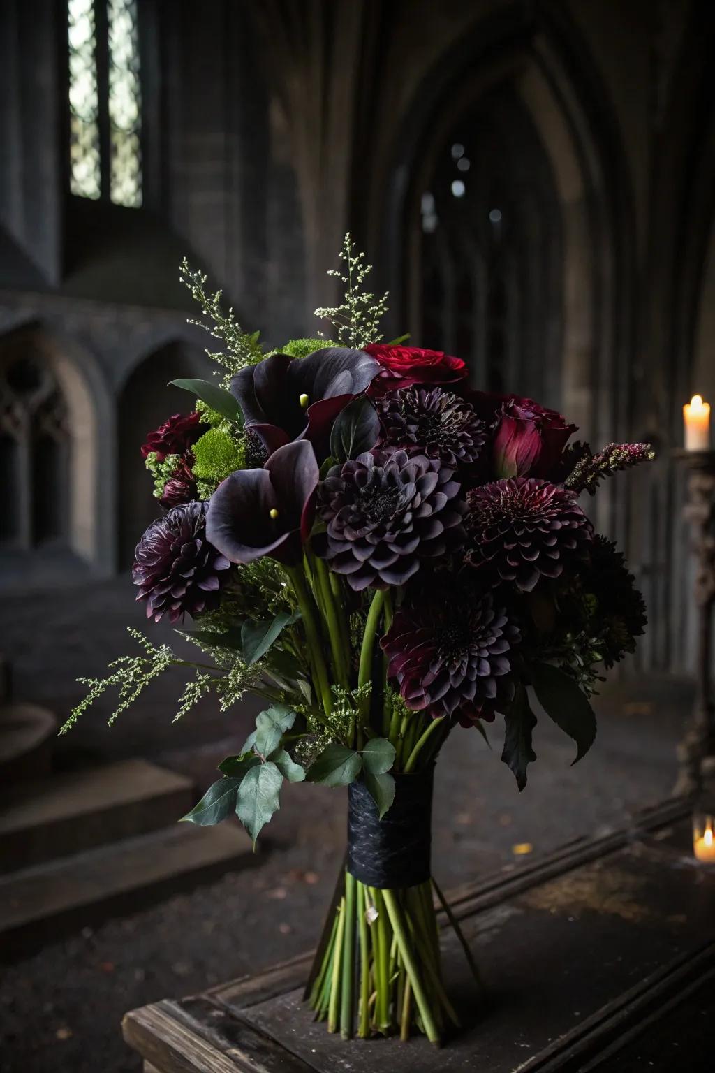 A tastefully executed bouquet featuring onyx 'trumpet flowers', ideal for a shadowy Halloween setting.