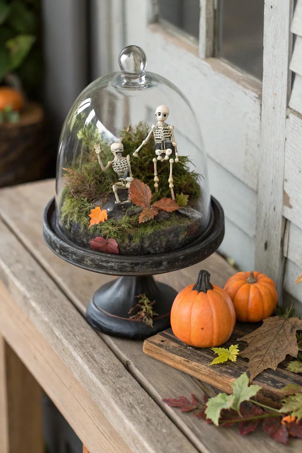 An eerie display cover featuring skeletons and foliage for a graveyard essence.