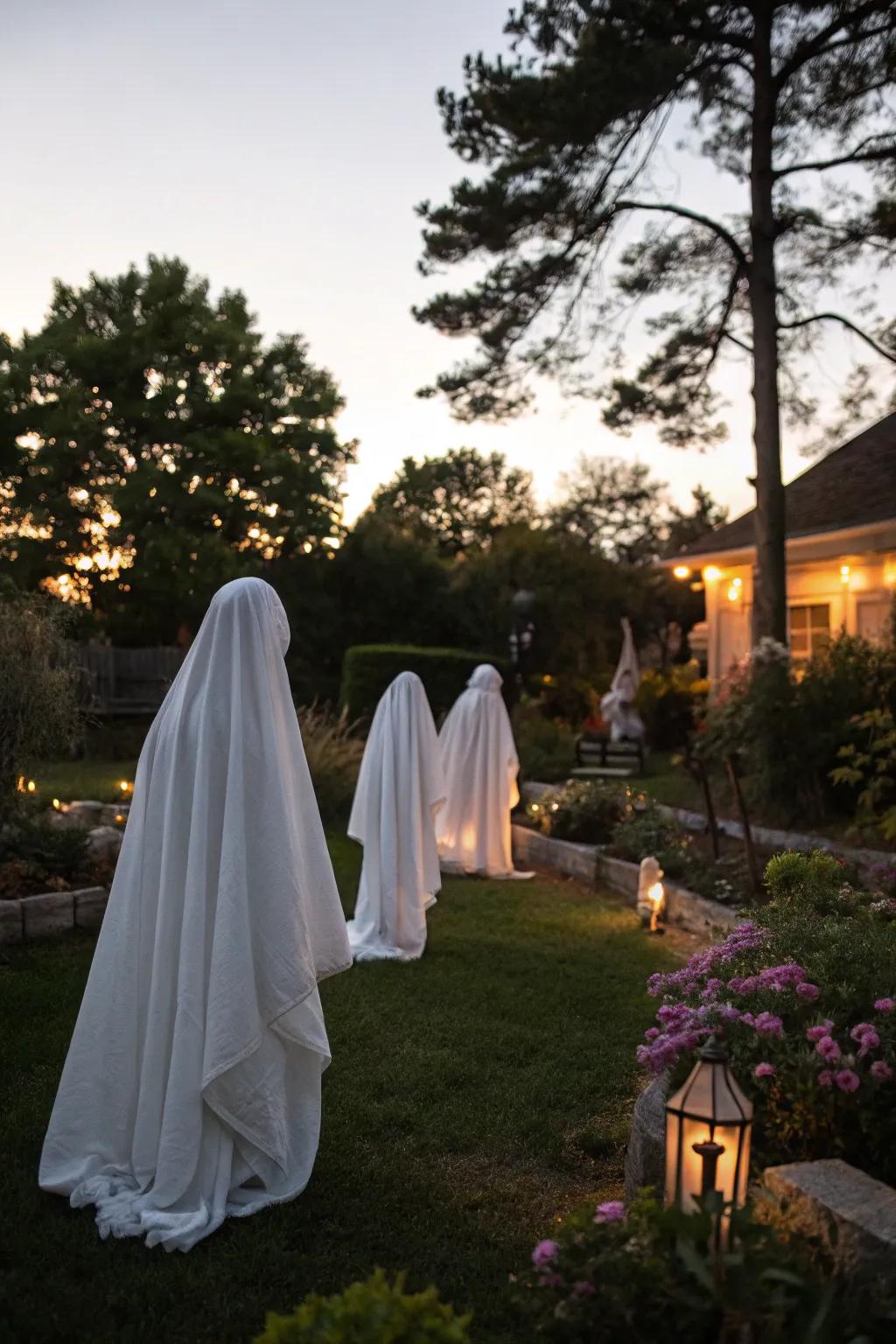 Ethereal figures introduce a captivating yet haunting charm to any outdoor setting.