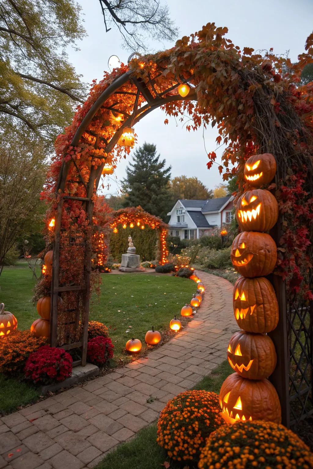 Greet visitors with an illuminated gourd gateway.