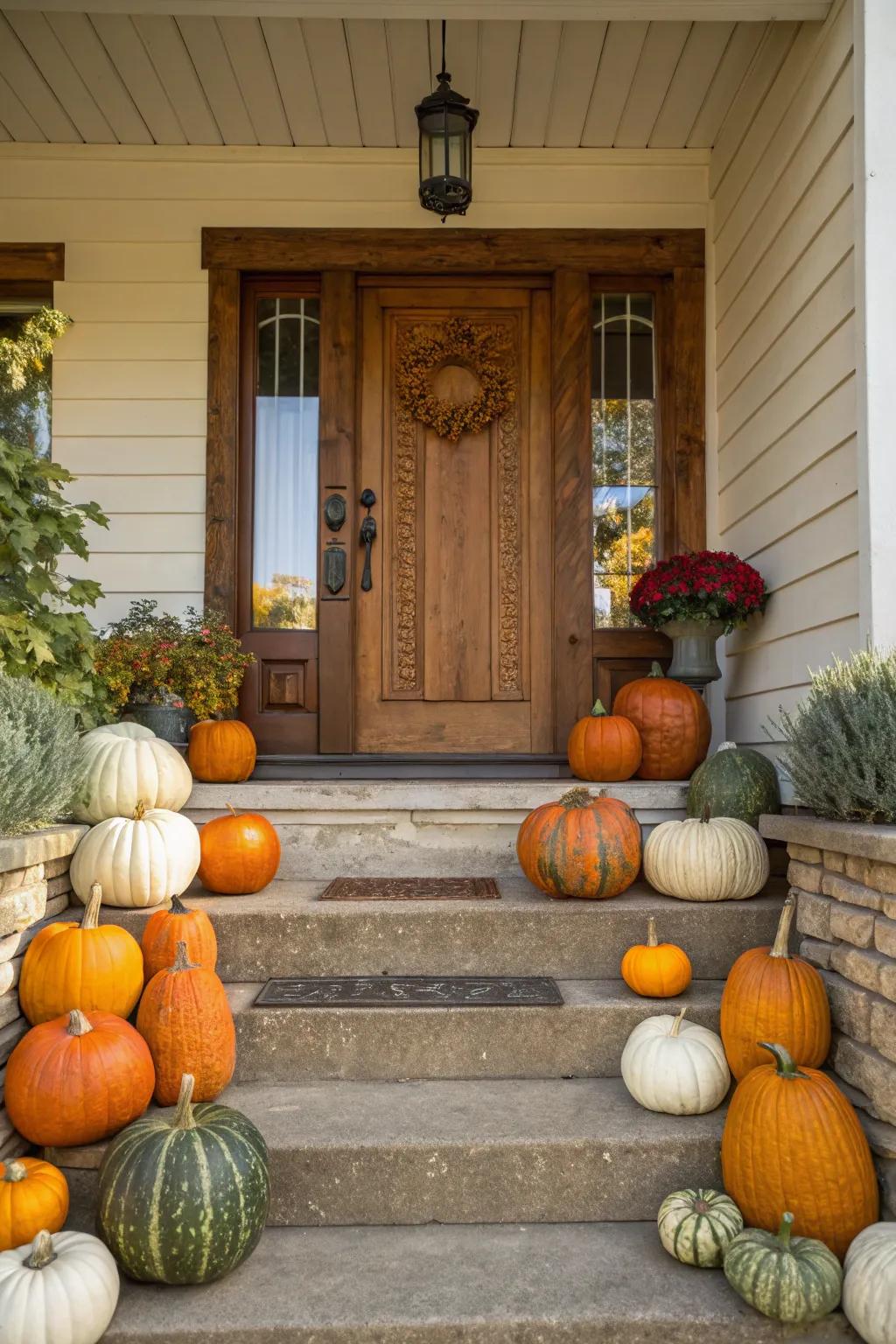 A symphony of gourds creates a warm, inviting welcome for trick-or-treaters.