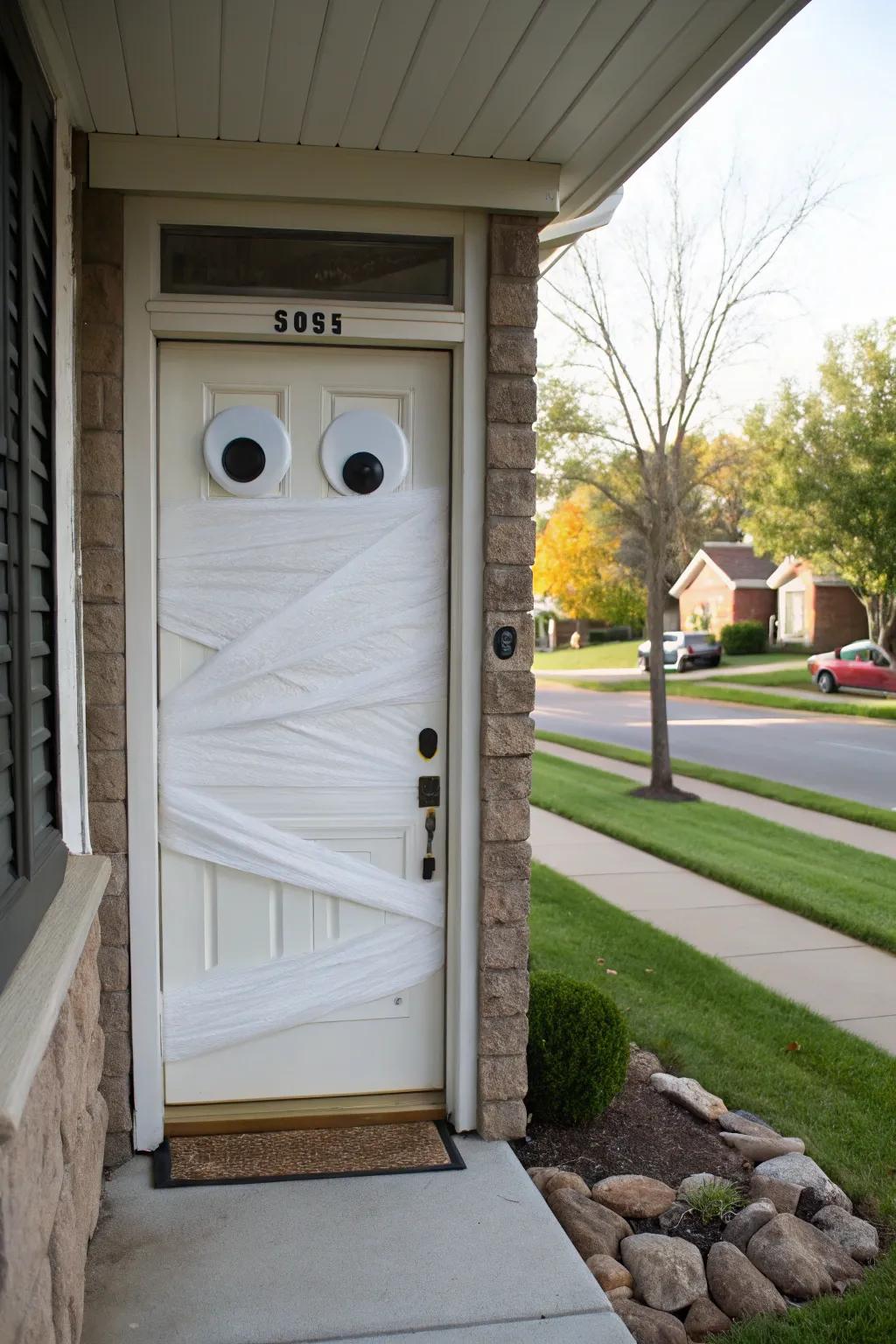 A straightforward yet spooky bandaged door ornament.