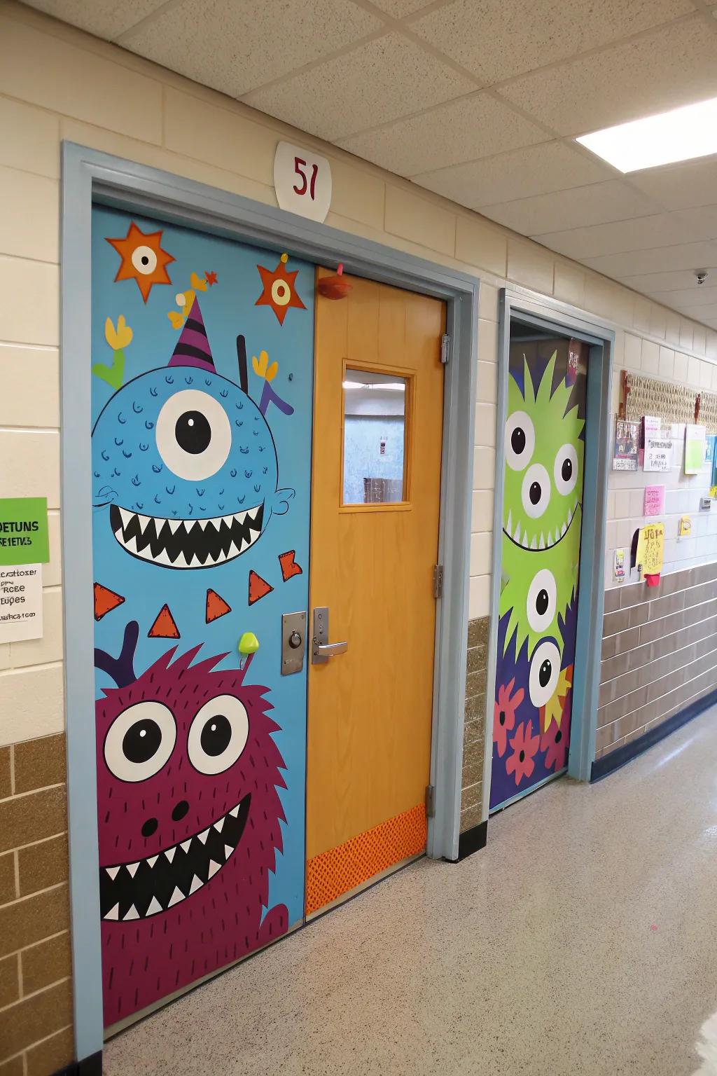 A classroom entrance abounding with friendly, colorful monsters, ideal for school environments.