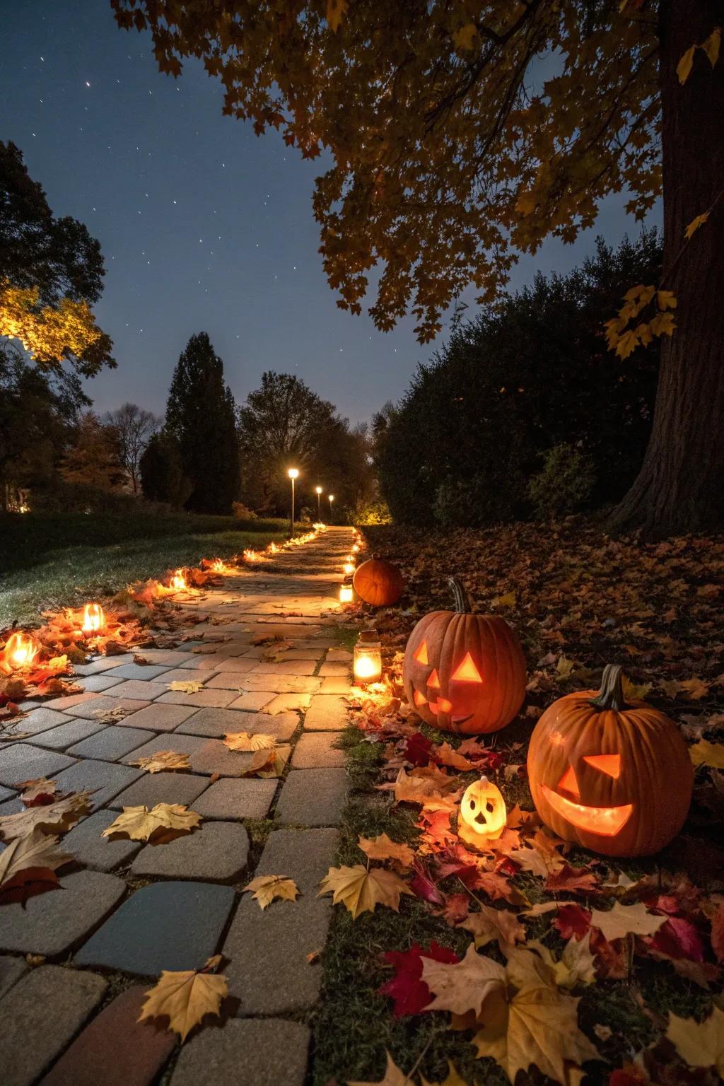 A bewitching path aglow with shining gourds, ideal for the Halloween evening.