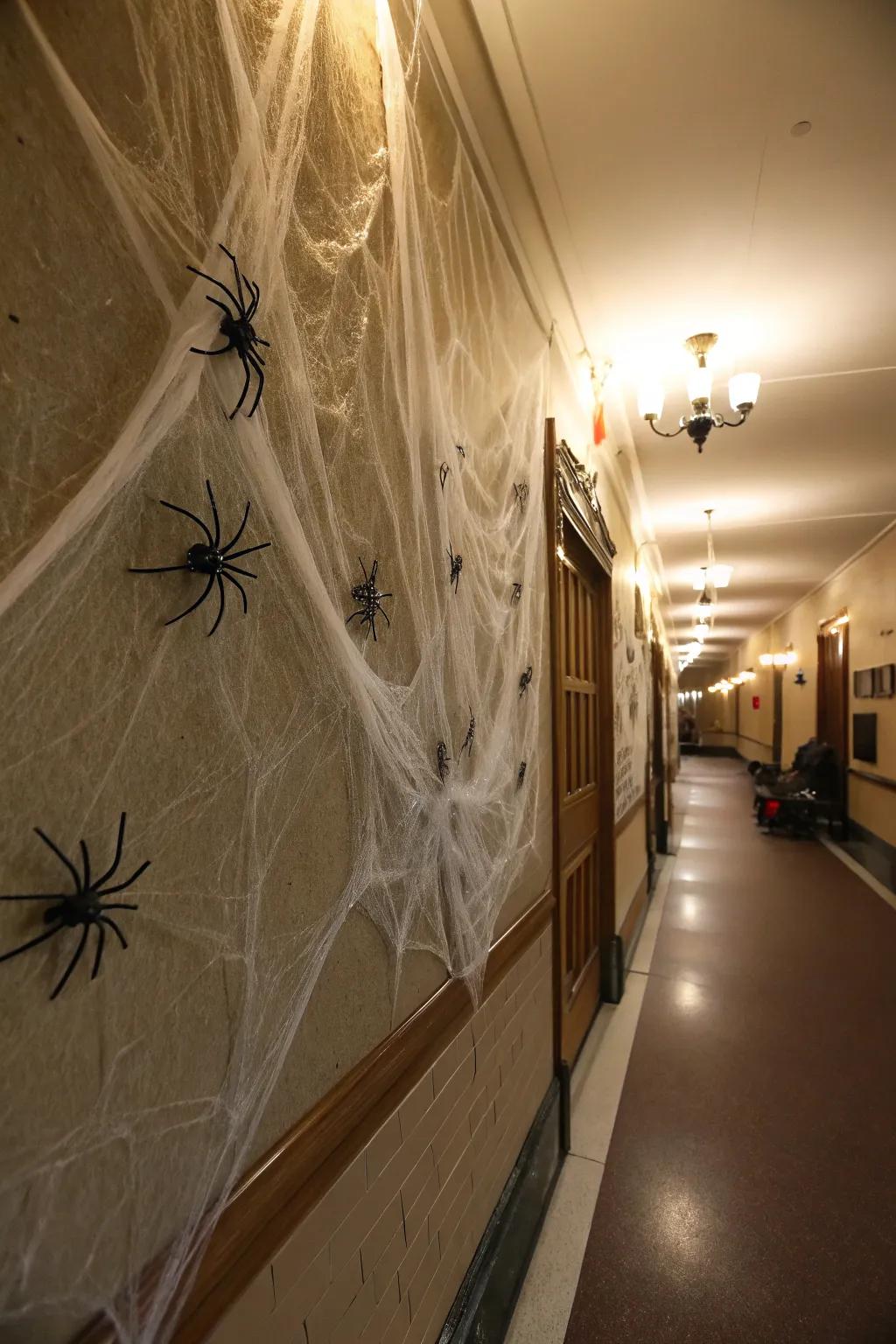 Evoke a chilling atmosphere with woven webs in your hallway.