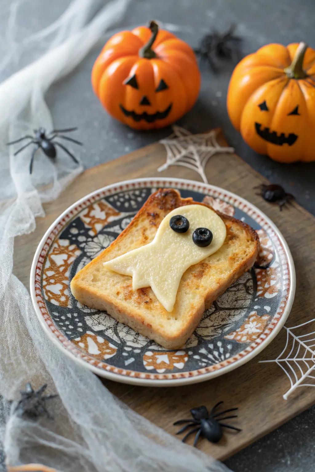 An eerie cheesy toast prepared to haunt your noon meal.