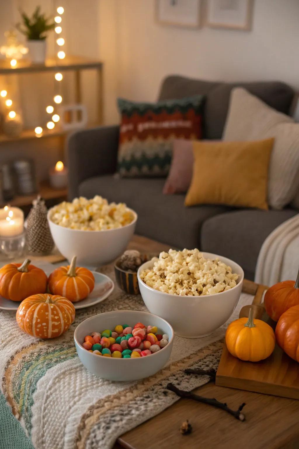 A pumpkin-themed popcorn station provides a blend of sweet and savory snacks for the film.