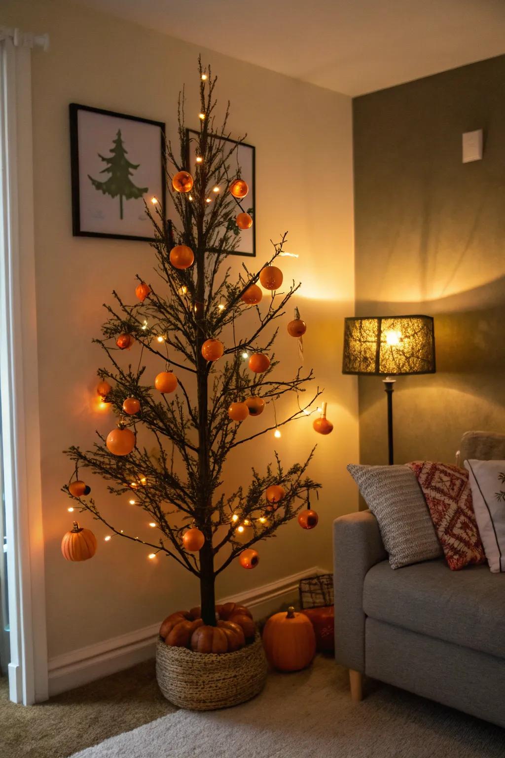 A Halloween tree aglow with miniature pumpkins and luminous orange lights.