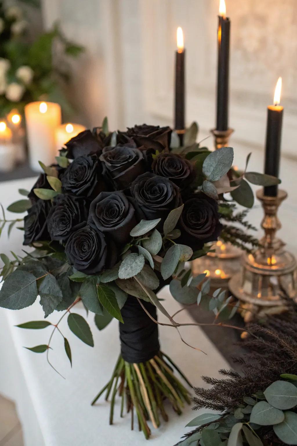 A gathering of midnight roses provides the perfect mysterious atmosphere.
