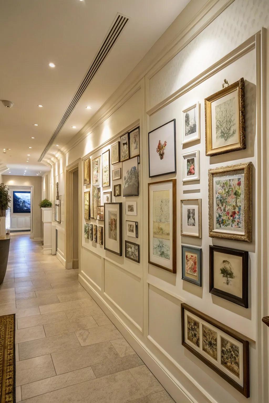 A gallery wall elevates a mere hallway into an artistic passage.