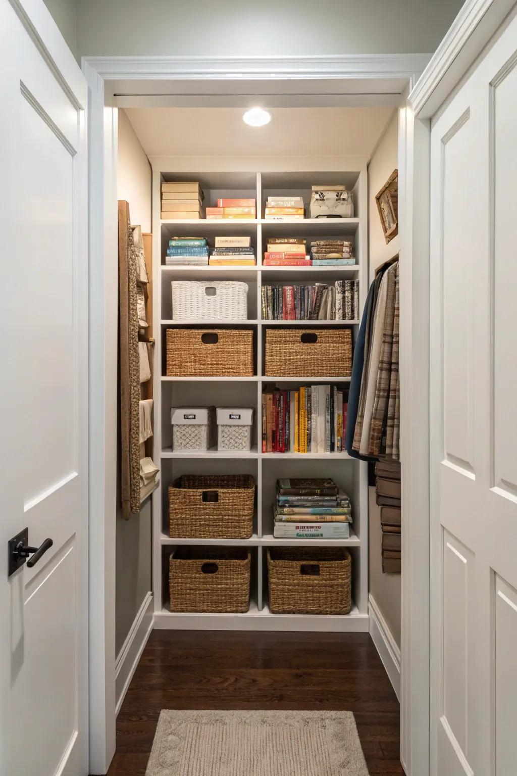 A well-ordered hallway closet with adjustable shelving to maximize space up and down.