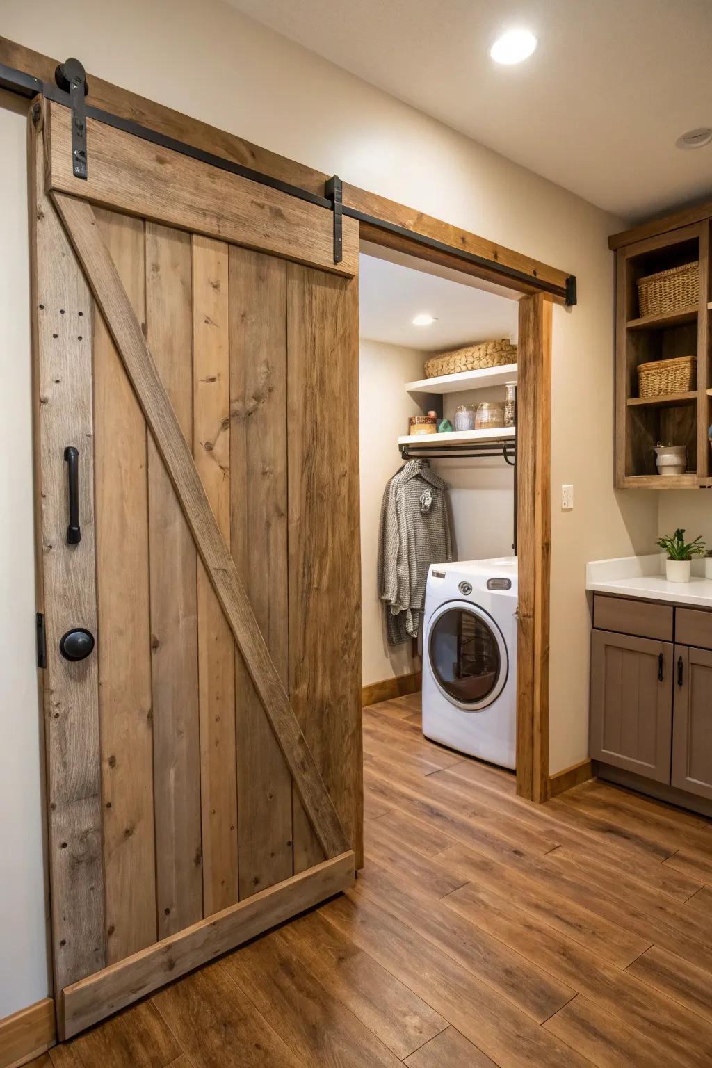 A country-style sliding barn door gives character and usefulness to a hallway laundry area.