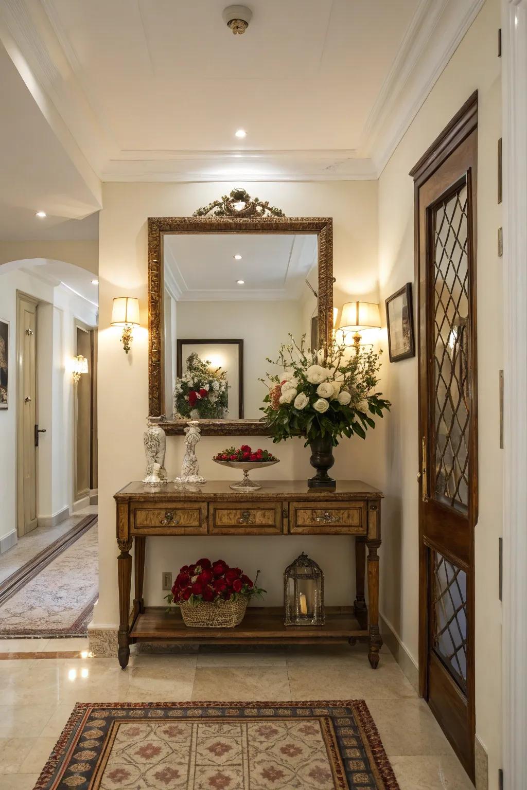 A classic console table paired with a mirror creates timeless beauty.