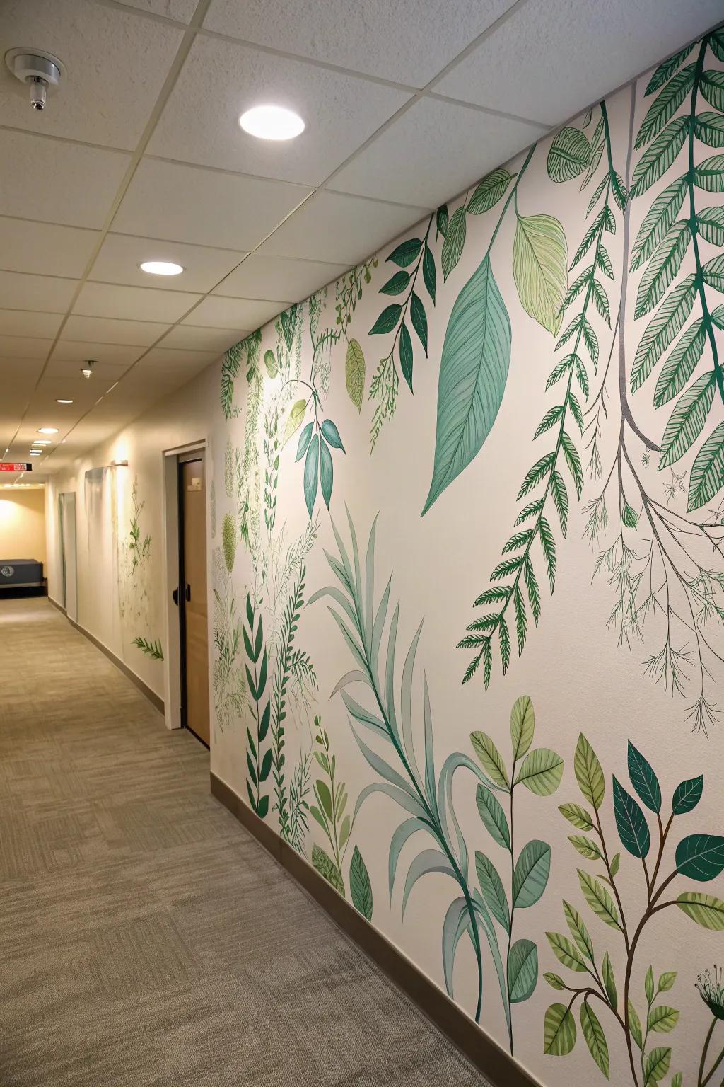 A botanical mural introduces a touch of nature to a hallway.