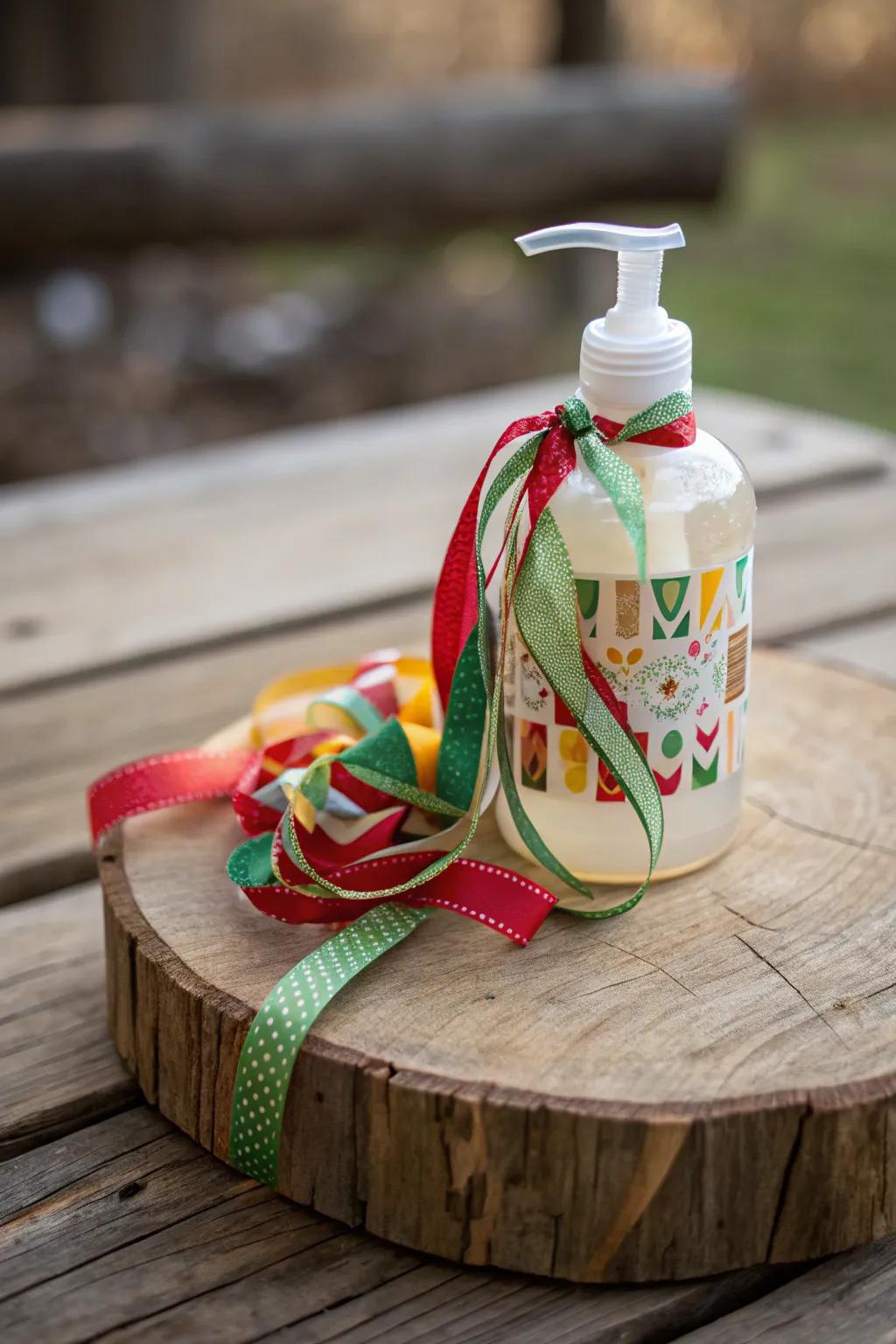 Hand cleanser enrobed in vibrant ribbons for a celebratory touch.