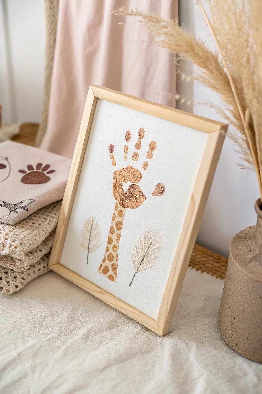 Transform tiny handprints into a charming giraffe, adding a touch of creativity to your nursery decor.