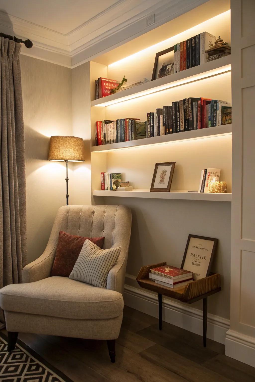 Floating shelves showcase your book collection as a design highlight.