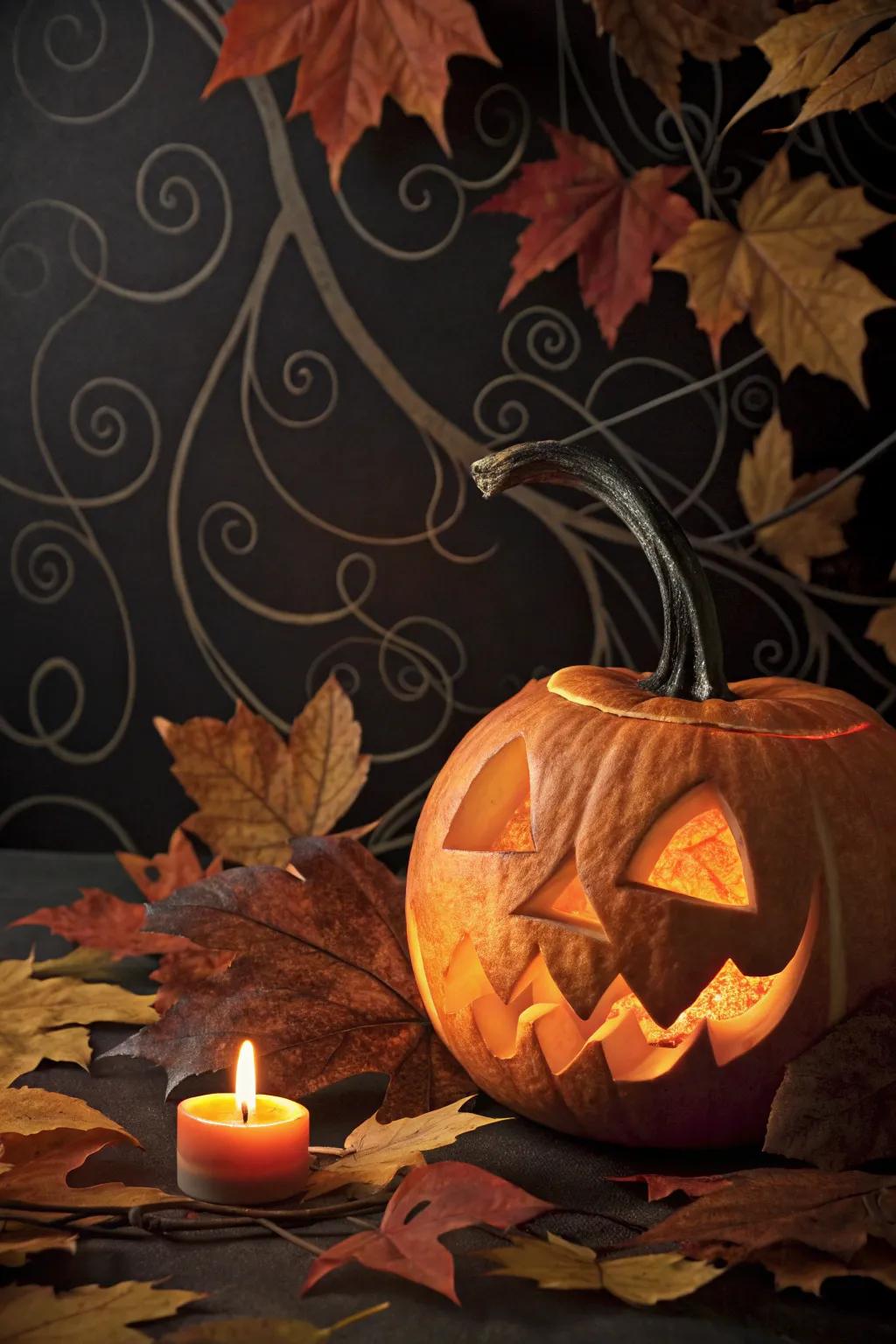 A classic Halloween decoration featuring a central carved pumpkin.