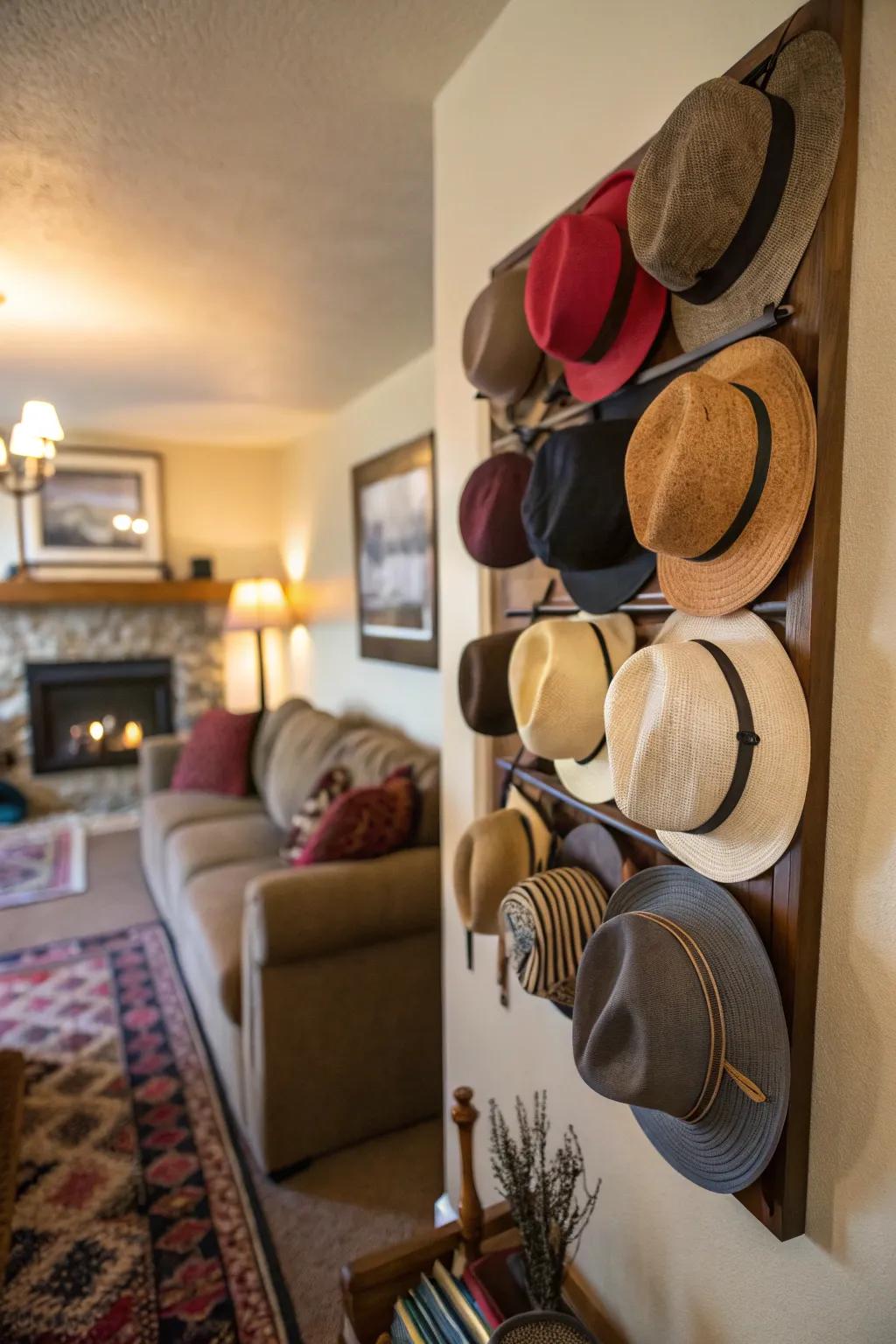 Hats neatly displayed on a wall rack.
