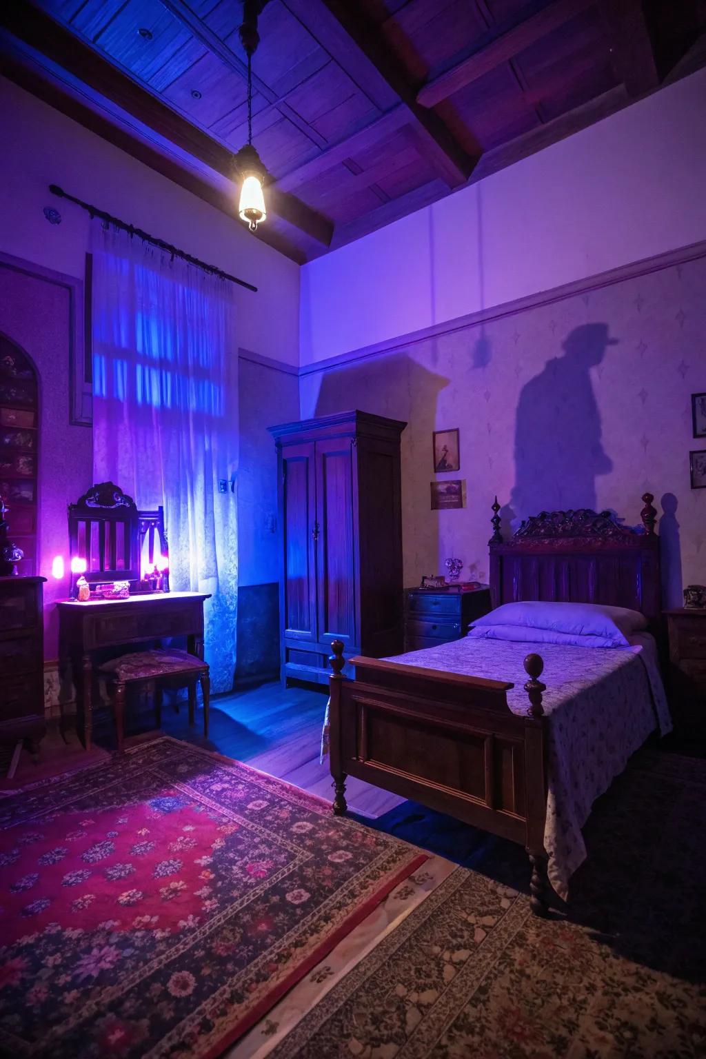 Atmospheric lighting imparts a spectral allure to your sleeping quarters.