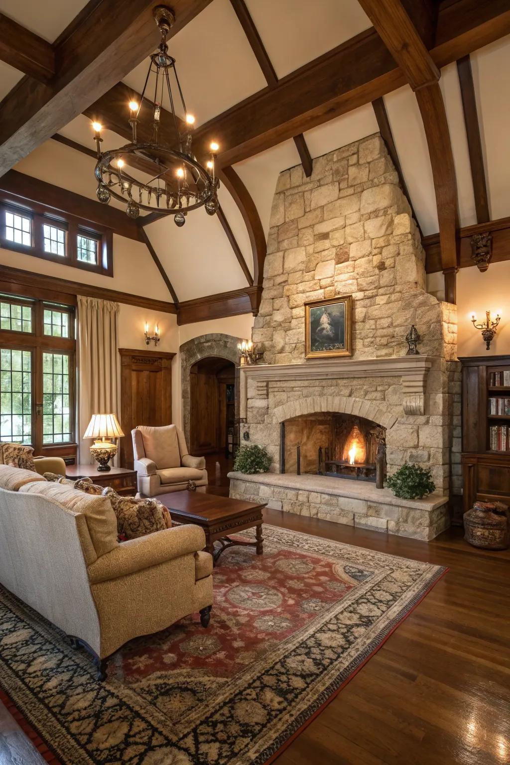 A traditional living area highlighting a majestic stone hearth as its focal point.