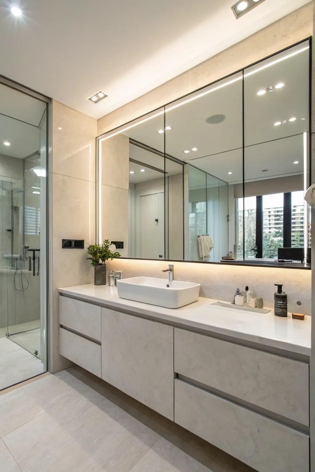 A sizable mirrored cabinet that blends effortlessly into a modern bathroom setting.