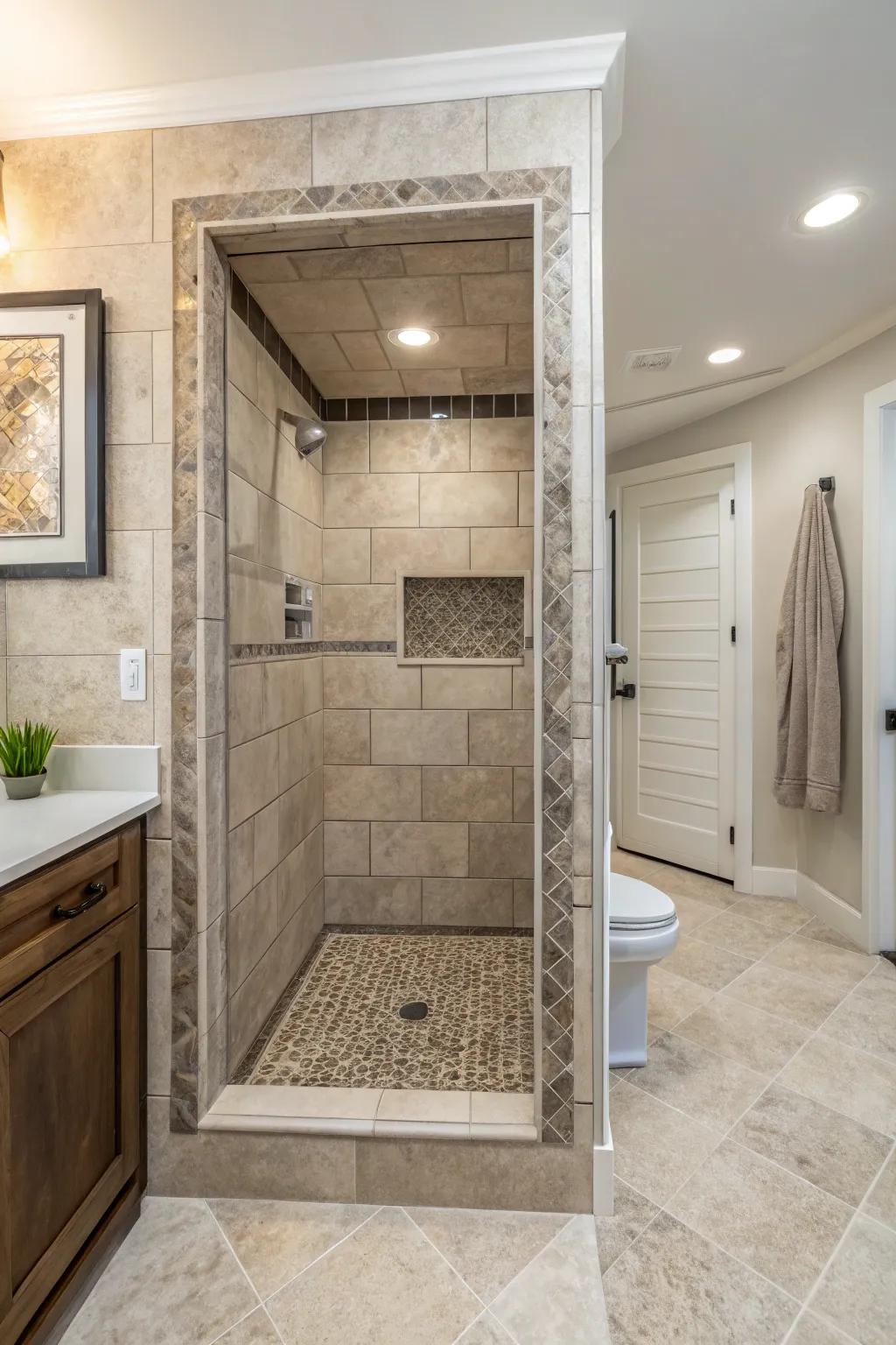 A secluded nook shower merges harmoniously into the bathroom's overall design.