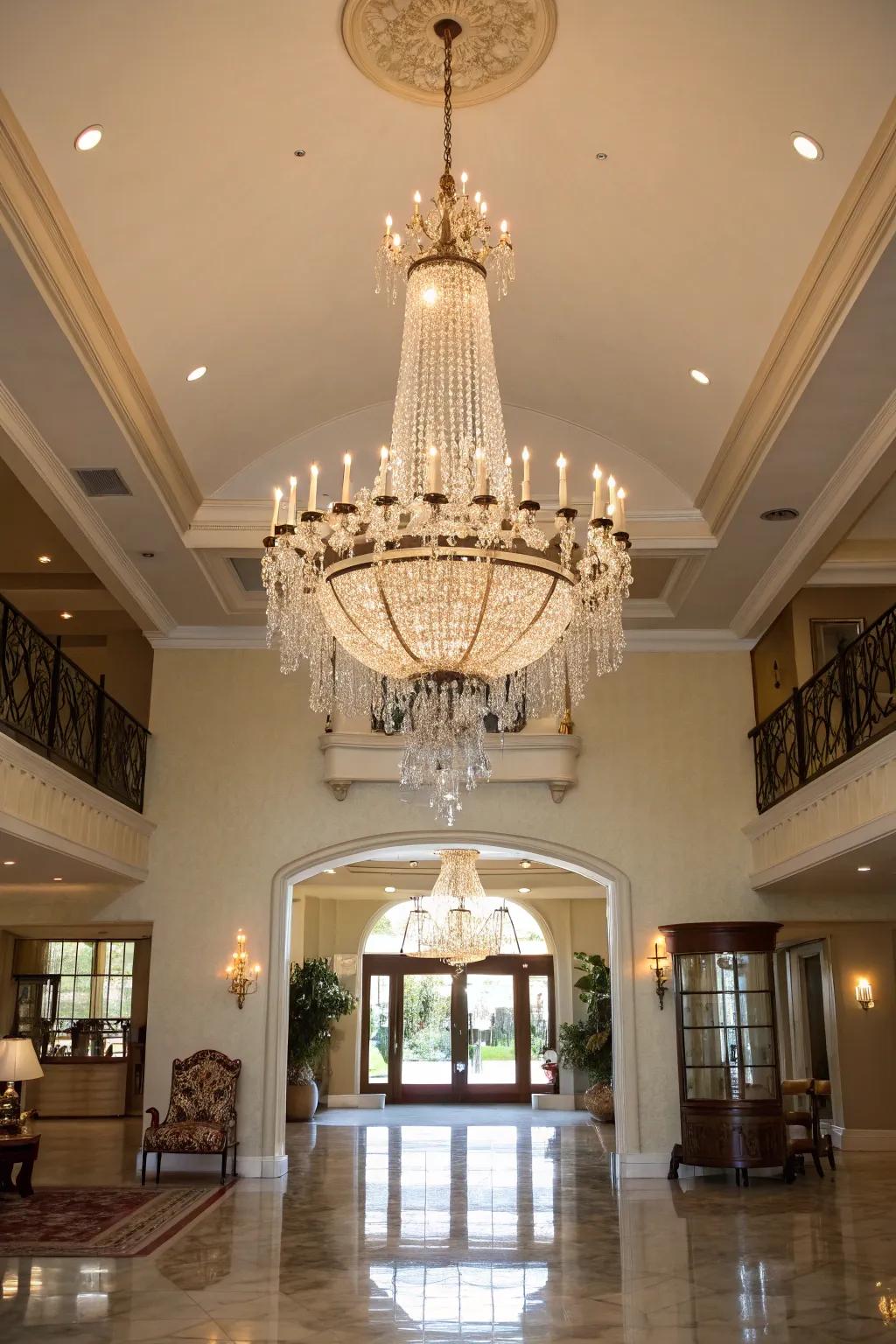 A cascading chandelier brings an air of grace and flair to the entryway.