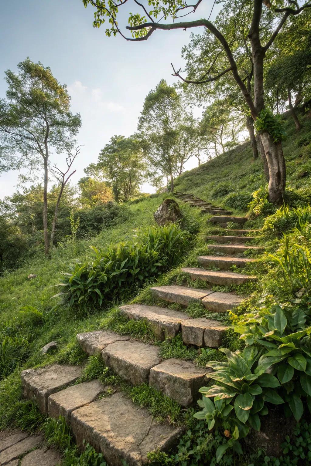Natural stone pavers provide grace and long-lasting quality for hillside steps.