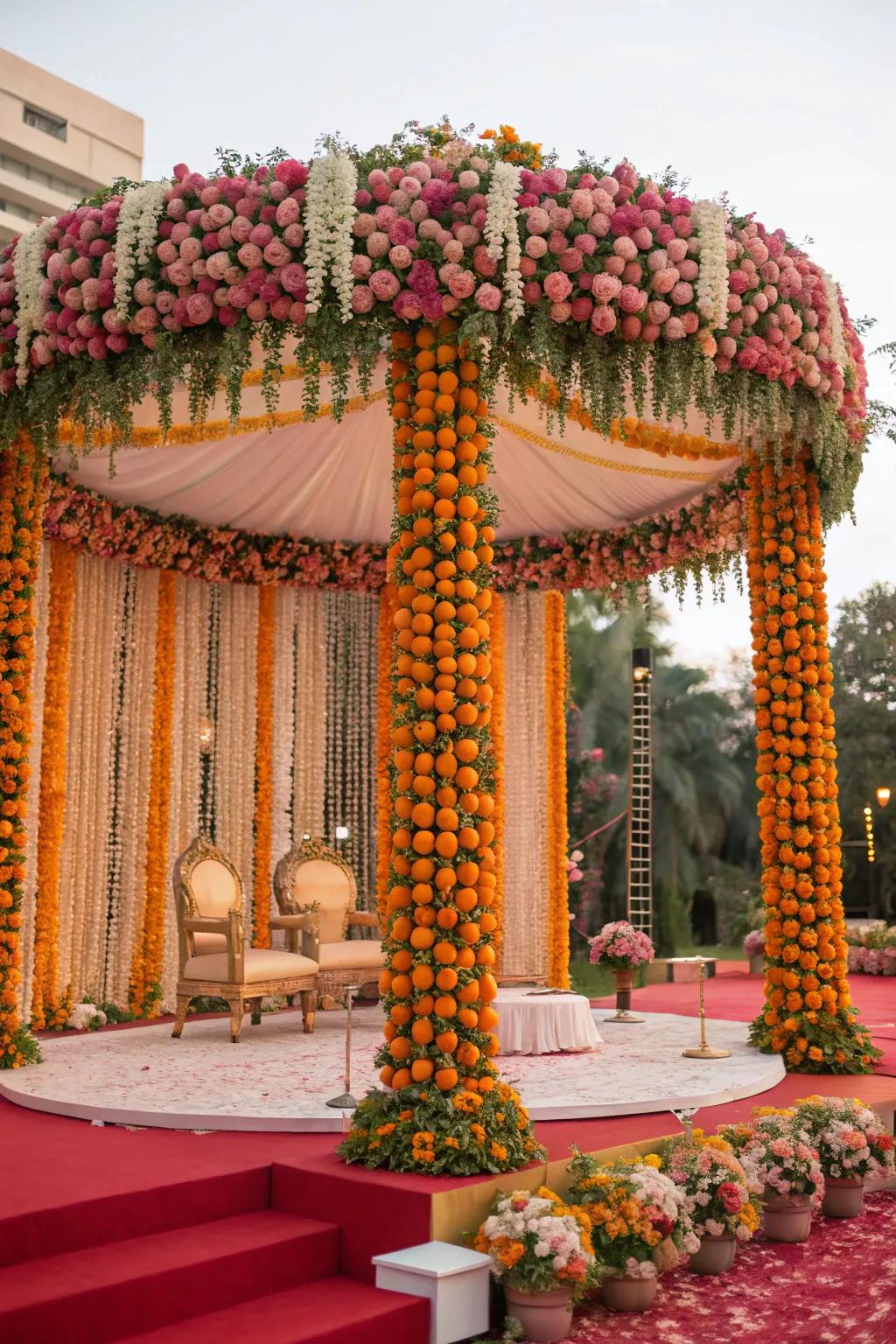 A mandap lavishly draped with a rich assortment of roses and marigolds.