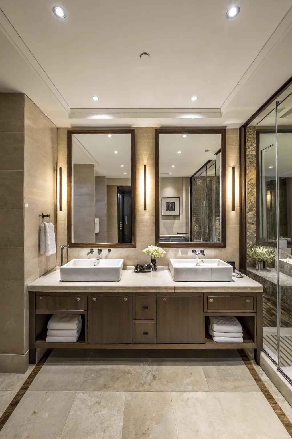 Double sinks creating personal zones in a shared bathroom.
