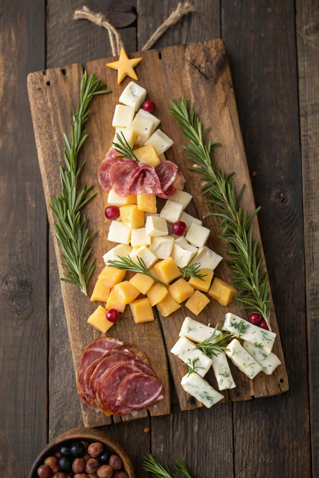 Charcuterie board fashioned as a Christmas tree.