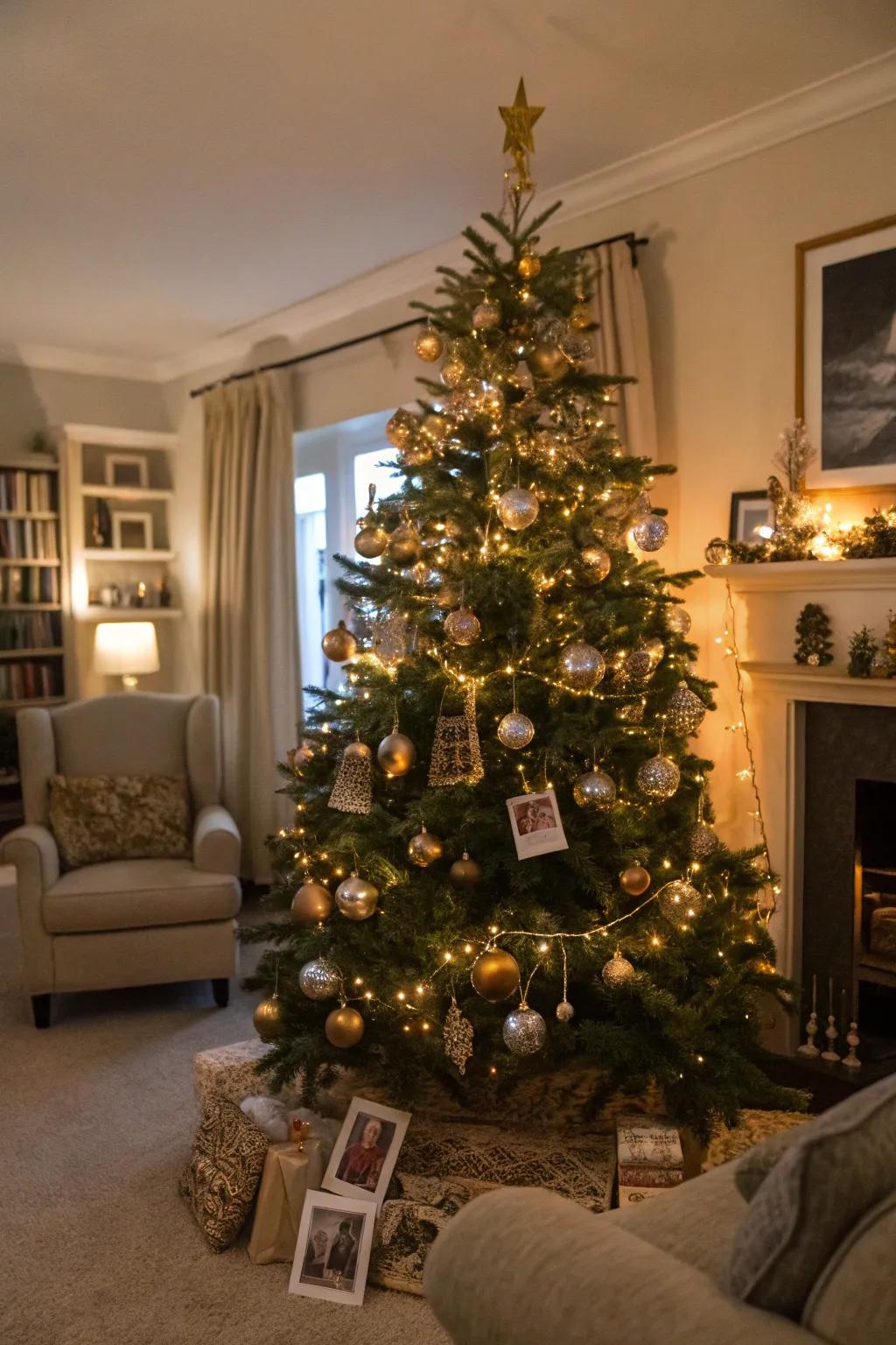A Christmas tree embellished with a mix of gleaming ornaments and personal treasures.
