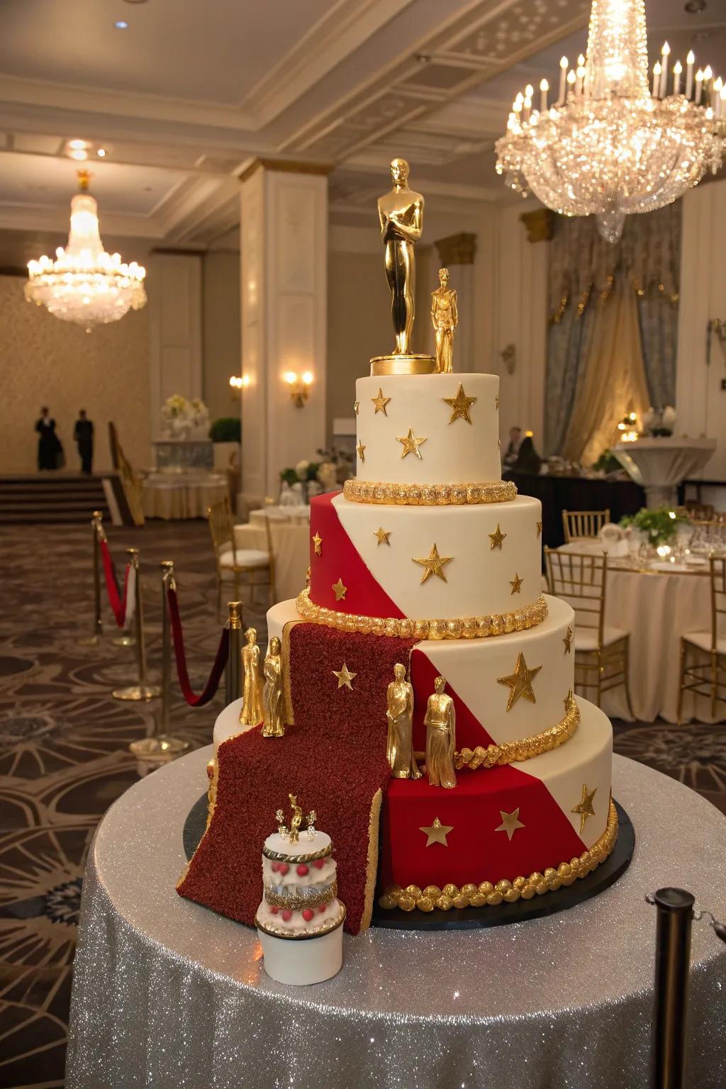 A cake showcasing a dramatic crimson carpet effect, ideal for any Hollywood-inspired bash.