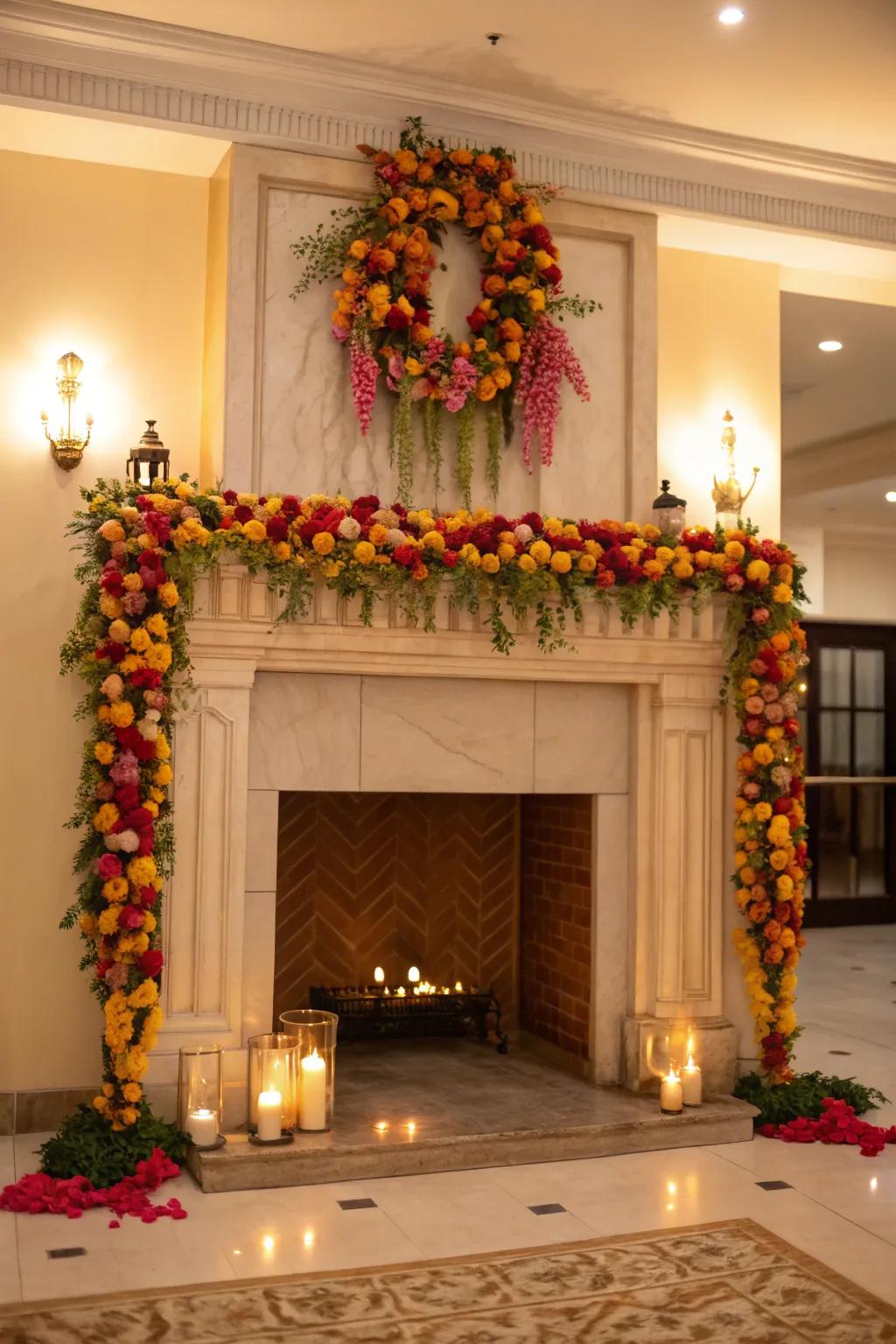 Lush botanical ropes transform a simple fireplace into a captivating centerpiece.