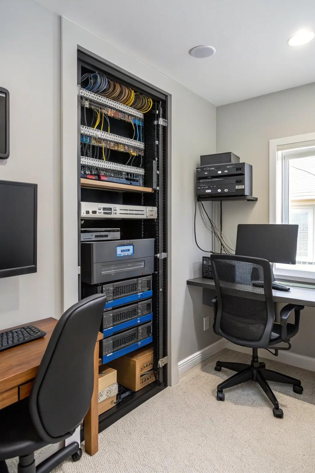 A compact wall-mounted rack effectively uses limited space.