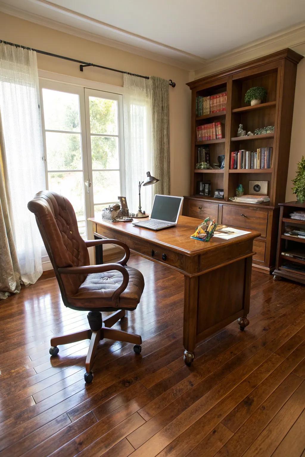 Timeless hardwood enhances the sophisticated ambiance of your home office.