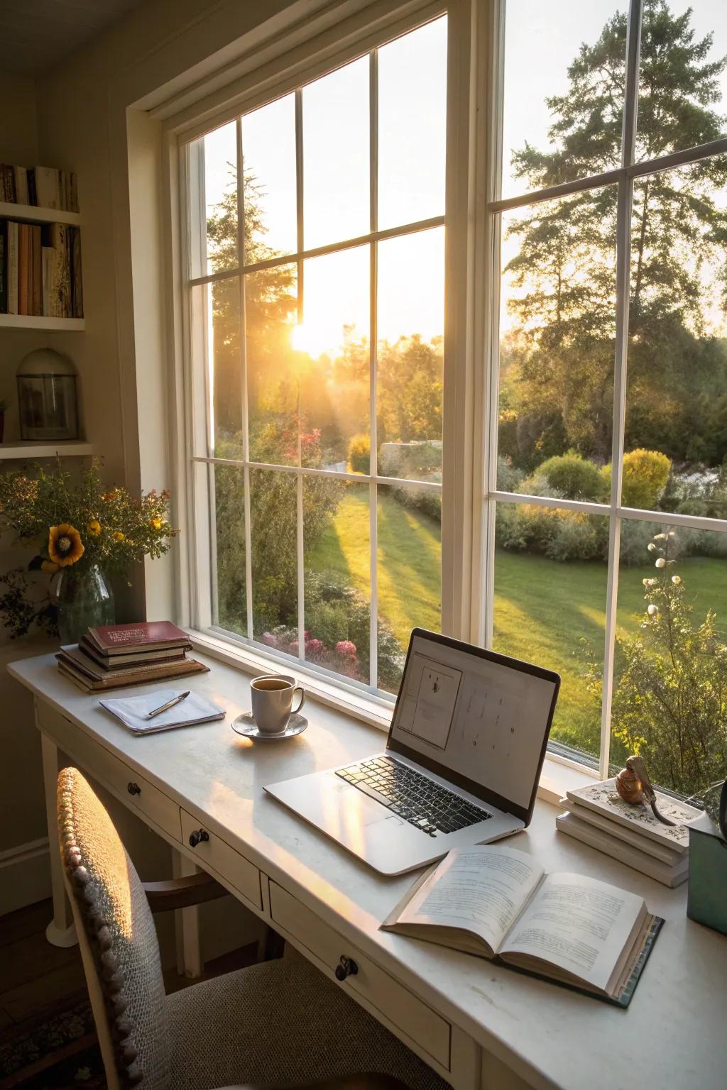 A home office desk ideally situated to harness the benefits of natural light.