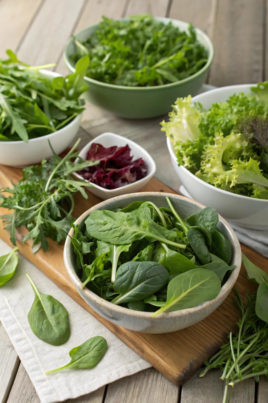 An array of garden-fresh leafy greens, ideal as the cornerstone of any salad.
