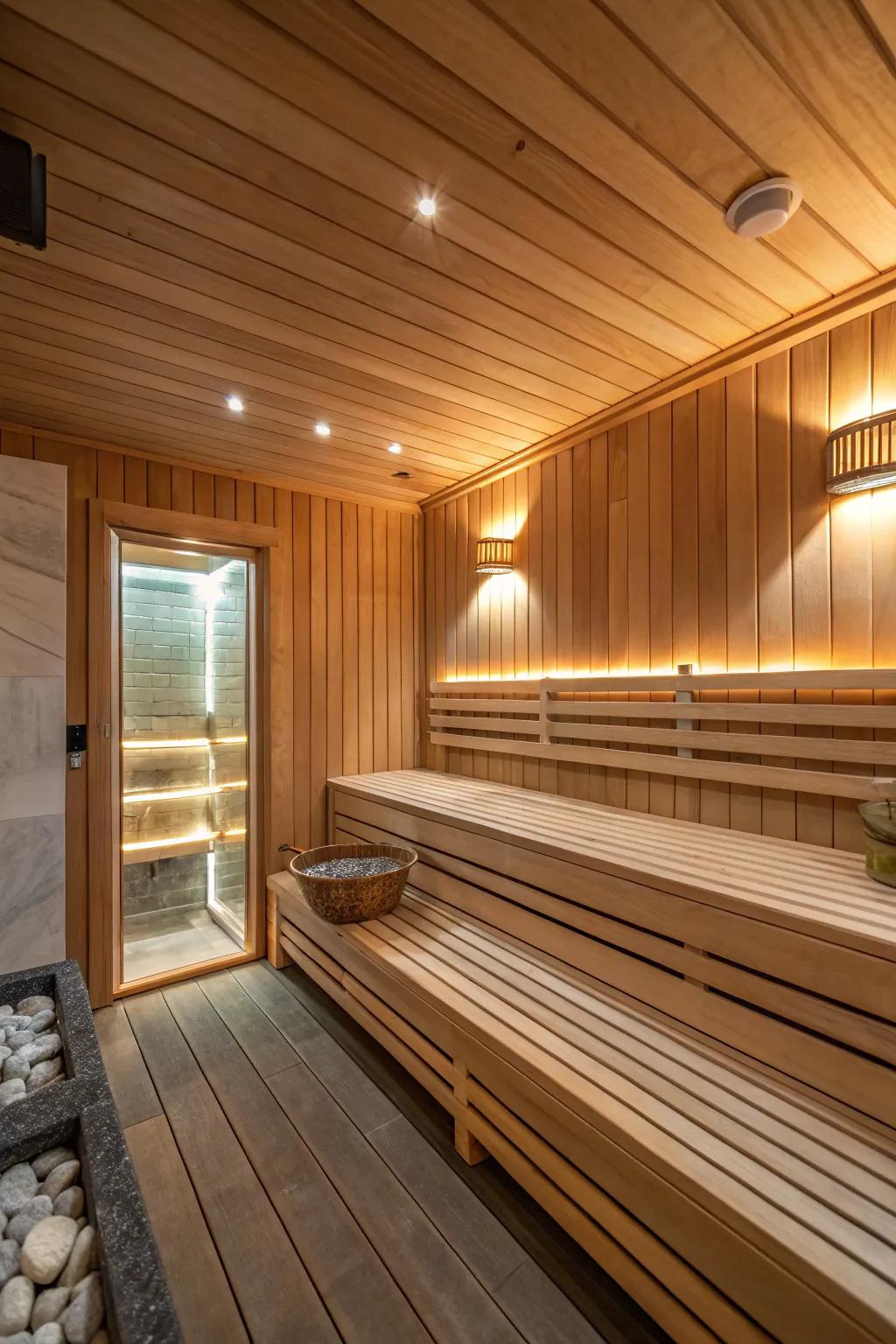 A snug juniper wood sauna presenting a warm and welcoming mood.
