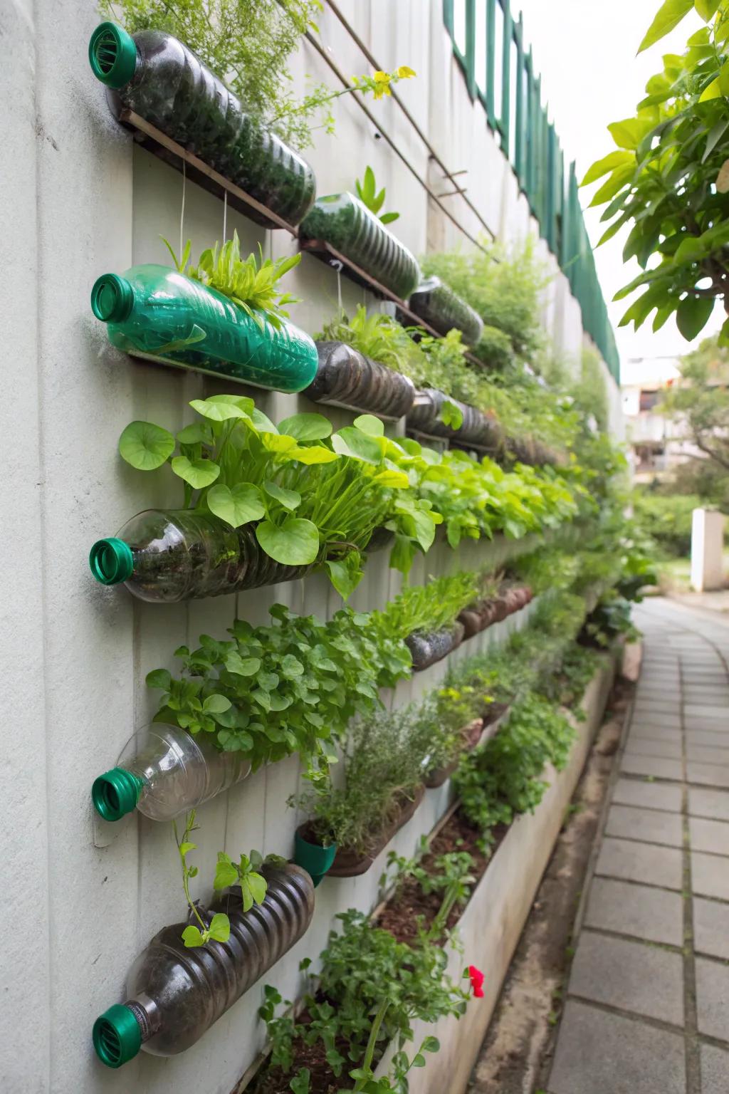 Upcycle plastic bottles into a lush vertical garden.