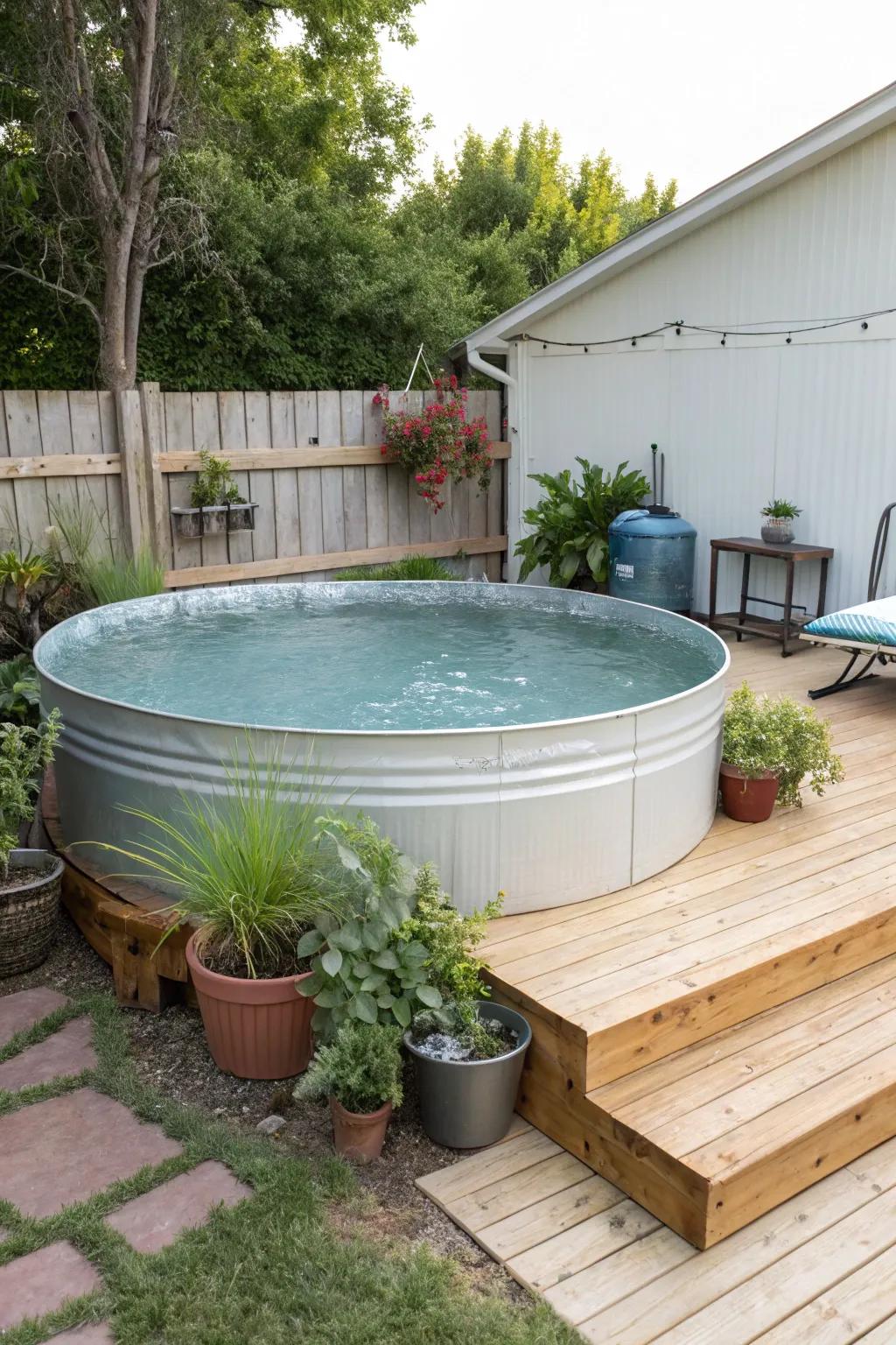 A quintessential farm-style water container pool, complete with lush greenery and a welcoming deck.