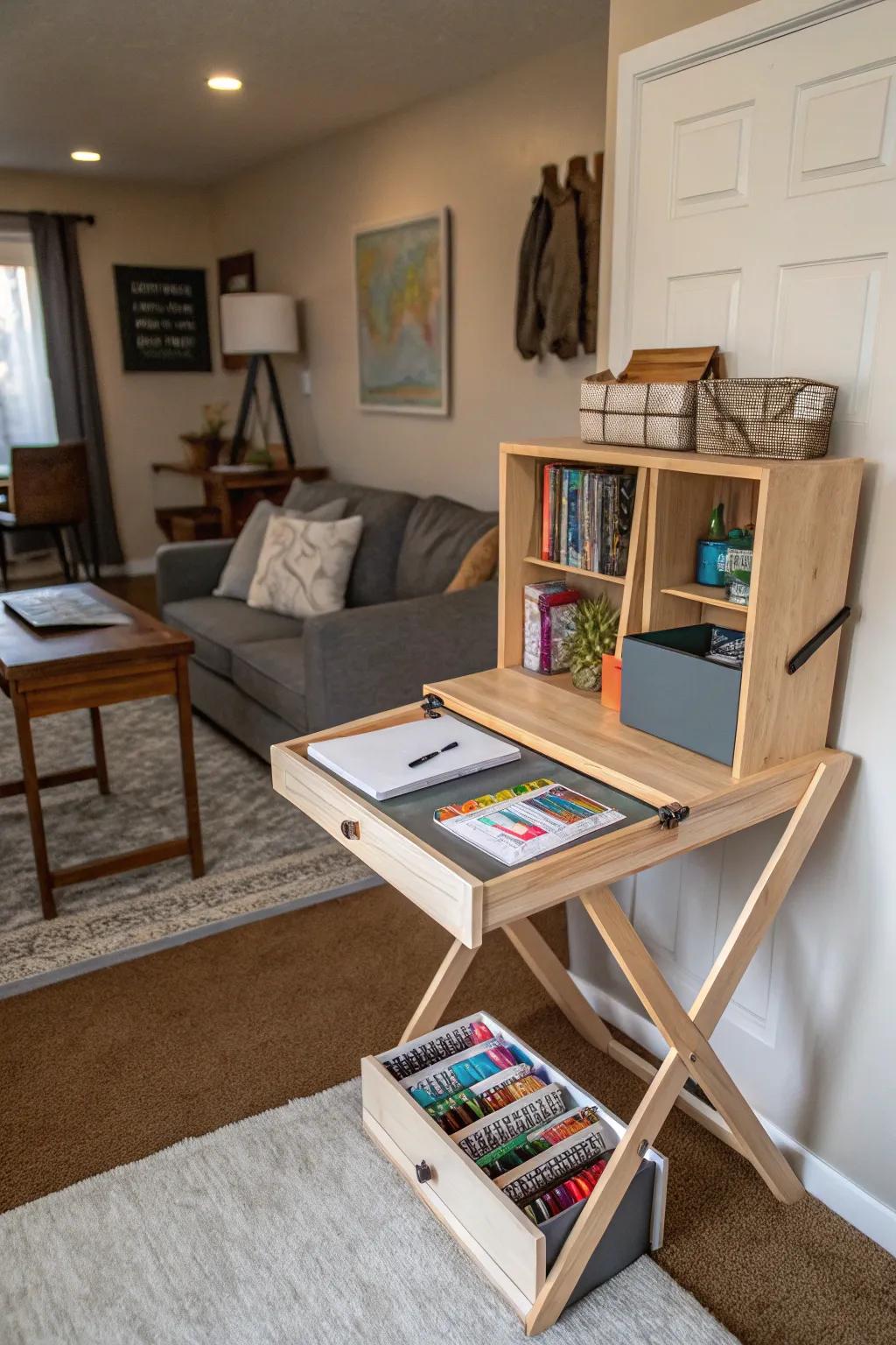 Multi-functional furniture helps maintain an organized and productive homeschool environment.