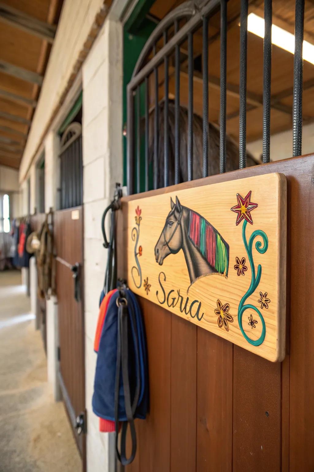 A bespoke timber name board adorning a horse stall.