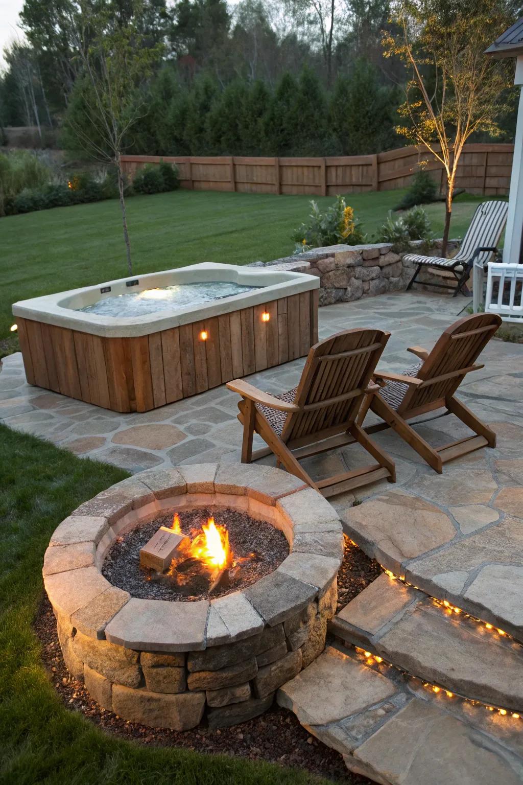 Enhance your hot tub experience with a cozy fire pit for warmth and ambiance.