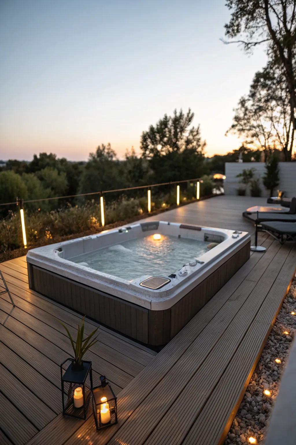 The wooden decking enhances the hot tub area, making it feel warm and welcoming.