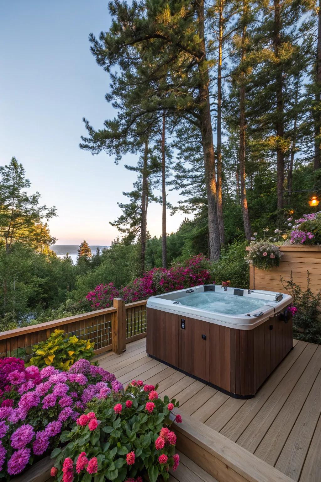 Find harmony in nature with a spa deck blending effortlessly into your garden.
