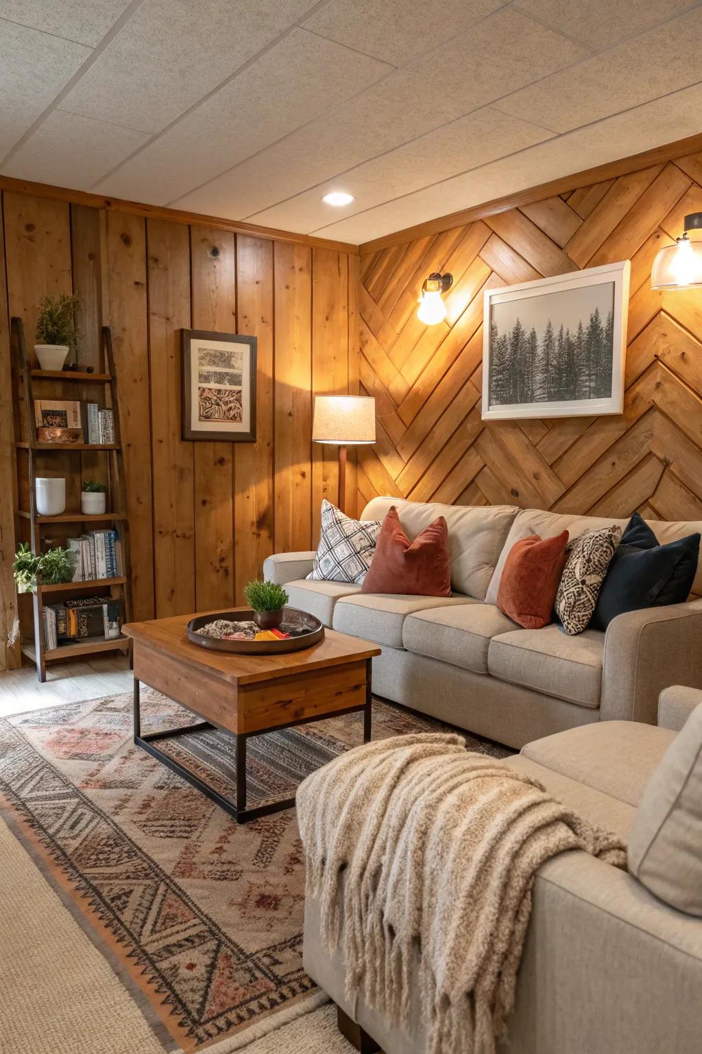 Timber panelling introduces a comfortable vibe to this living area